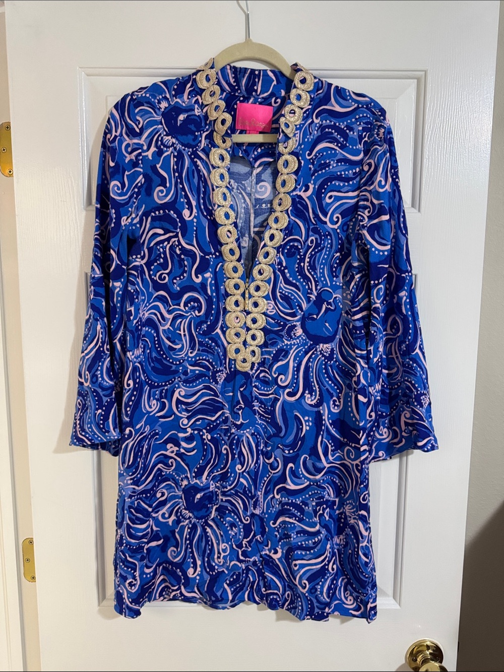 Women’s Blue Printed Tunic Dress with Embellished V-Neck